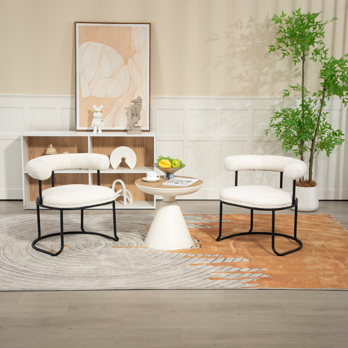 COOLCOOL Boucle dining chair set of two, medieval modern curved backrest chair, round cushion (beige Boucle) - V.I.P Digital Presence