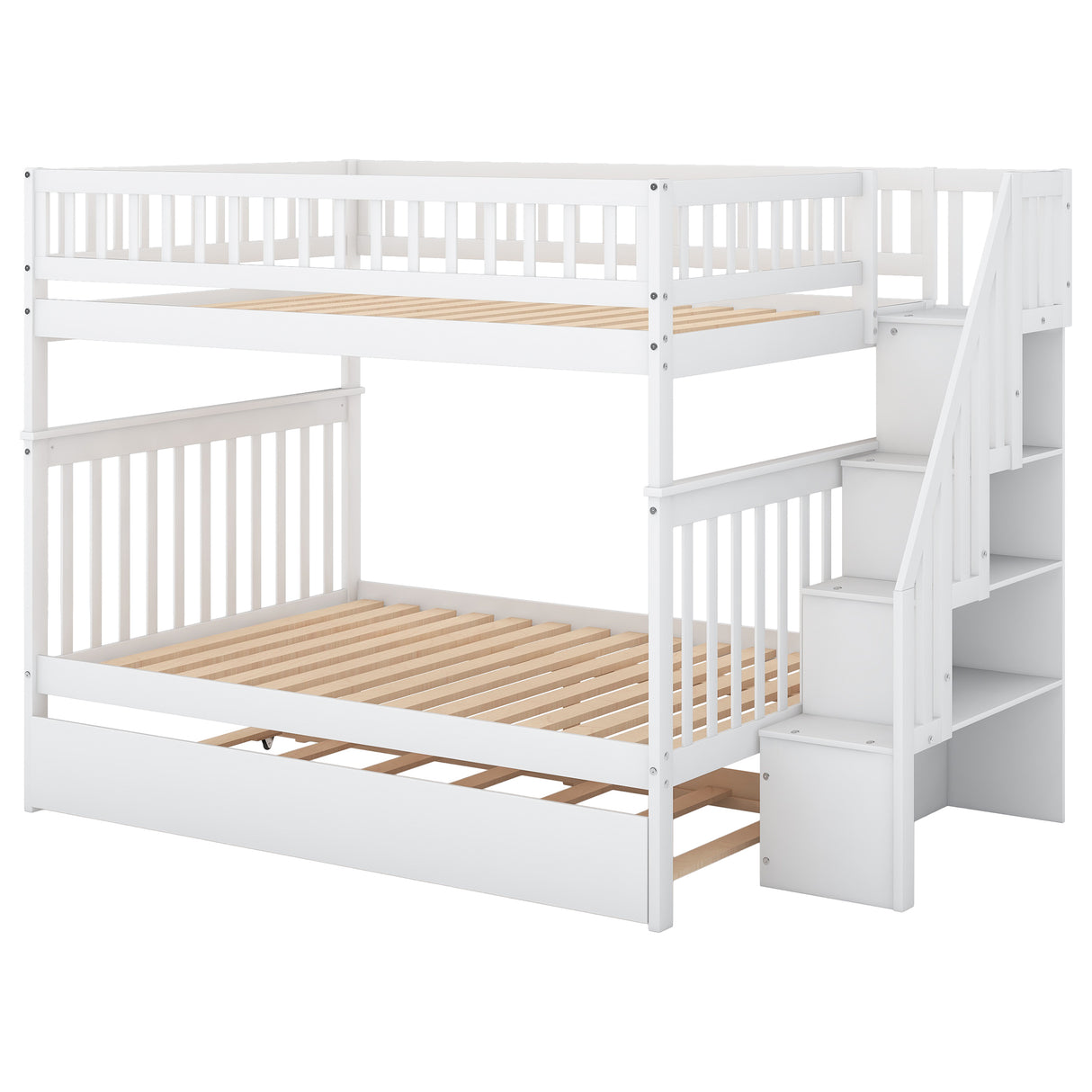 Full over Full Bunk Bed with Trundle and Staircase White