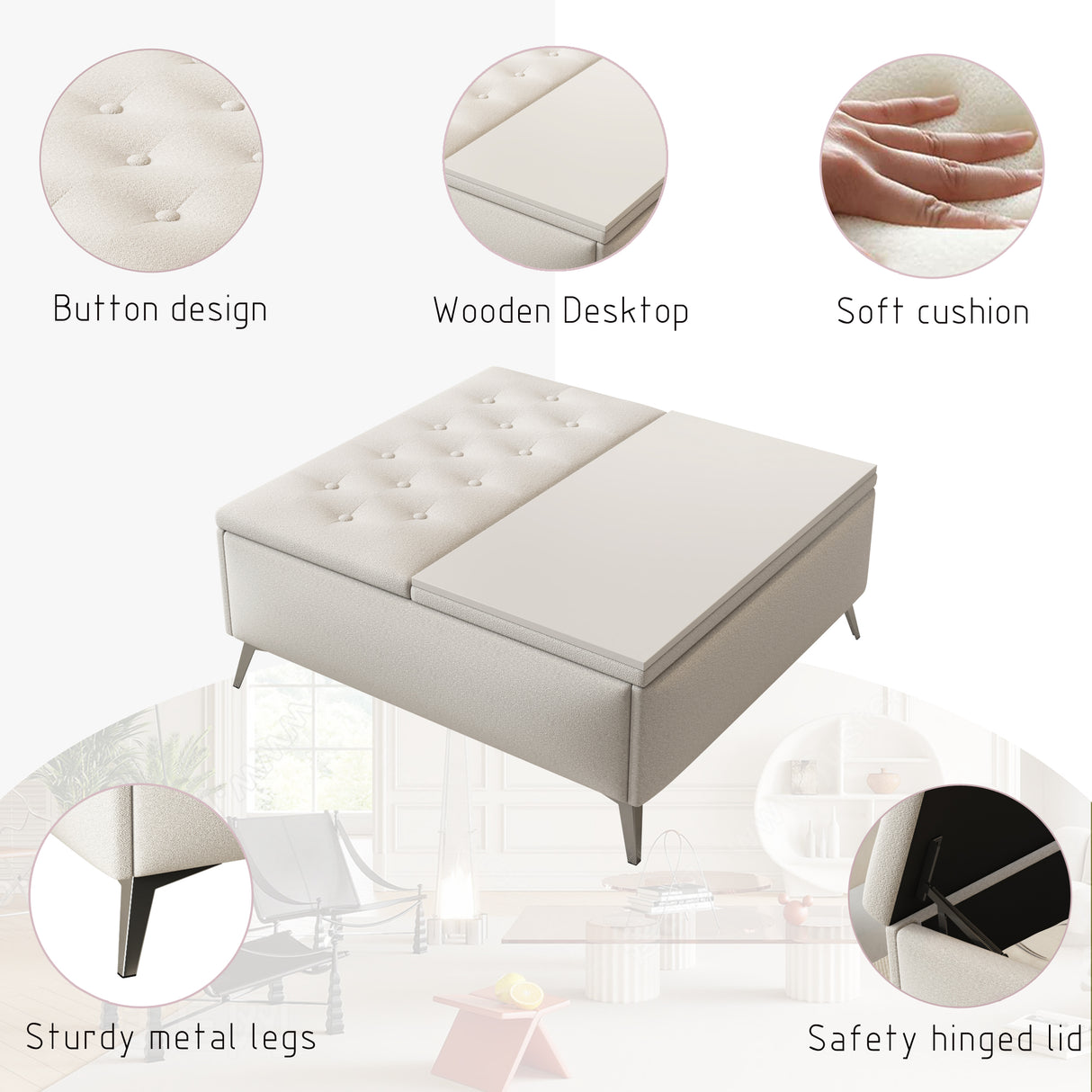 35 inch Wide Square storage benches Coffee Table with Lift Top Oversized Storage Ottoman in Upholstered for Living Room - V.I.P Digital Presence