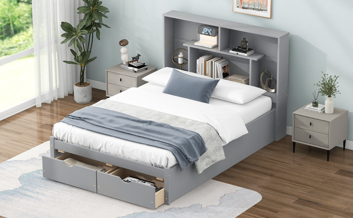 Full Size Platform Bed with Storage Headboard and 2 Drawers, Gray - V.I.P Digital Presence