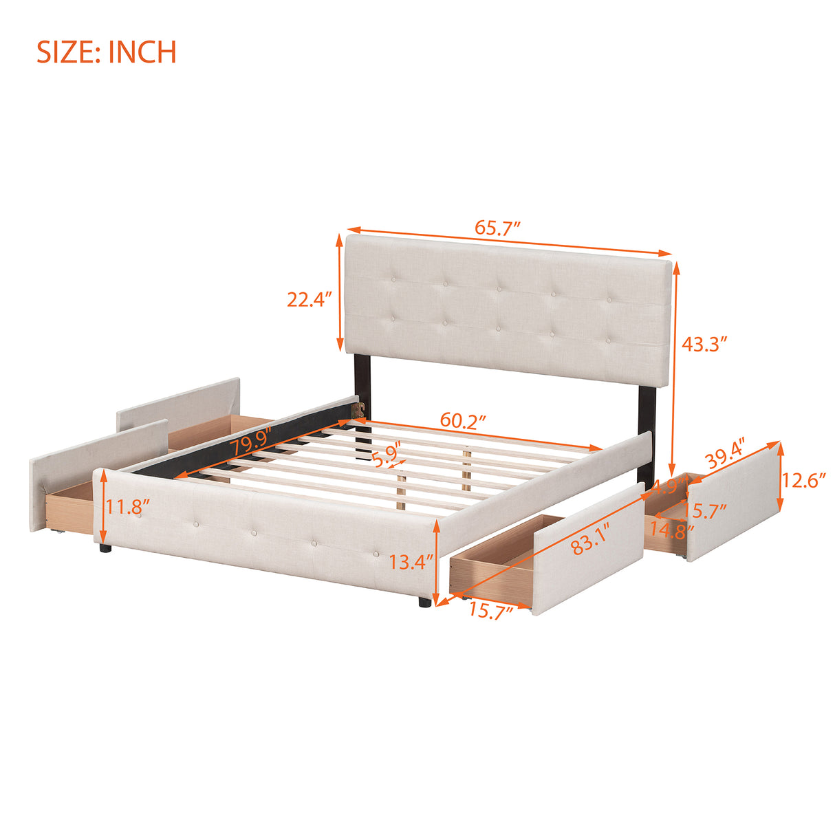 Upholstered Platform Bed with Classic Headboard and 4 Drawers No Box Spring Needed Linen Fabric Queen Size Beige - V.I.P Digital Presence