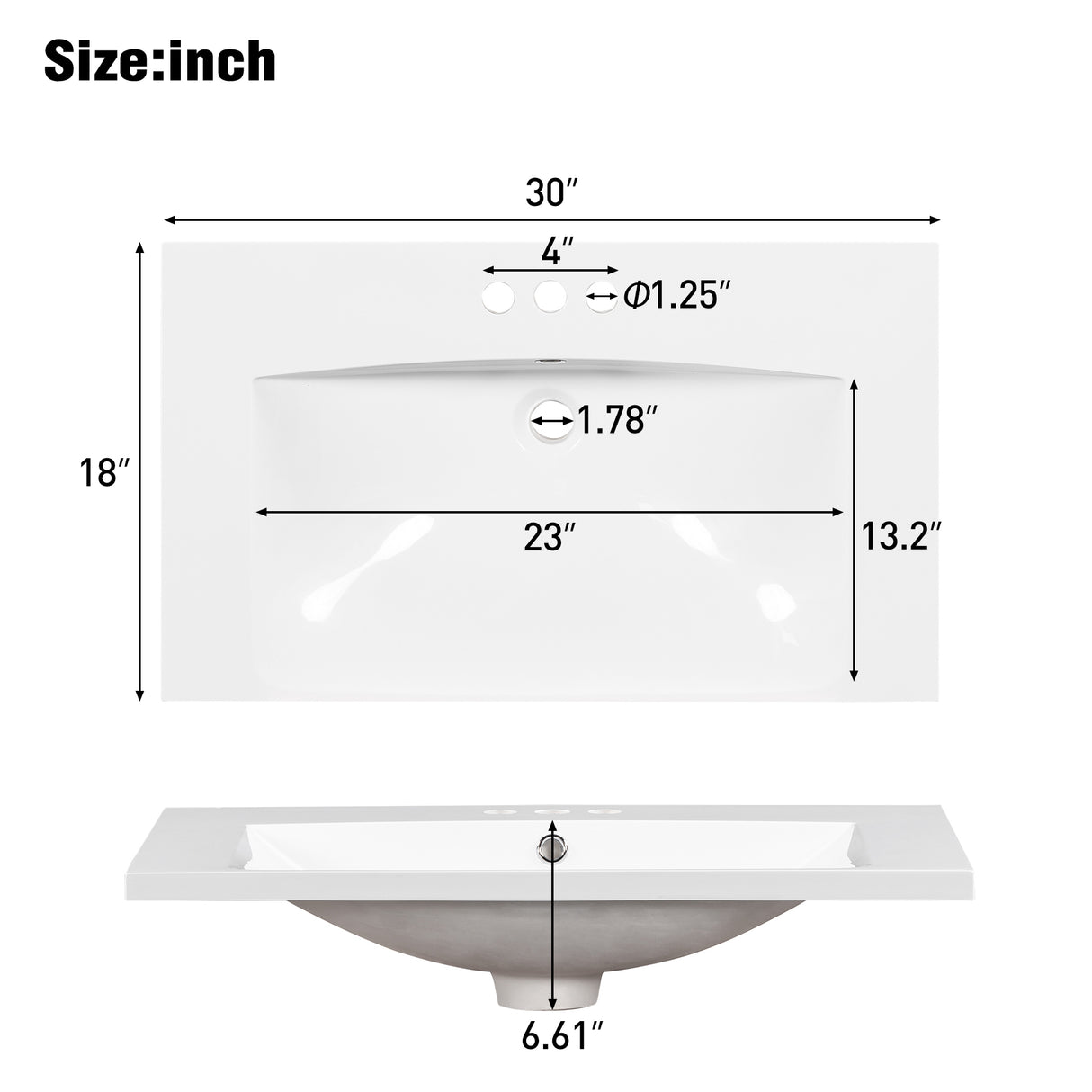 30" Single Bathroom Basin Sink, Vanity Top Only, 3-Faucet Holes, Resin - V.I.P Digital Presence