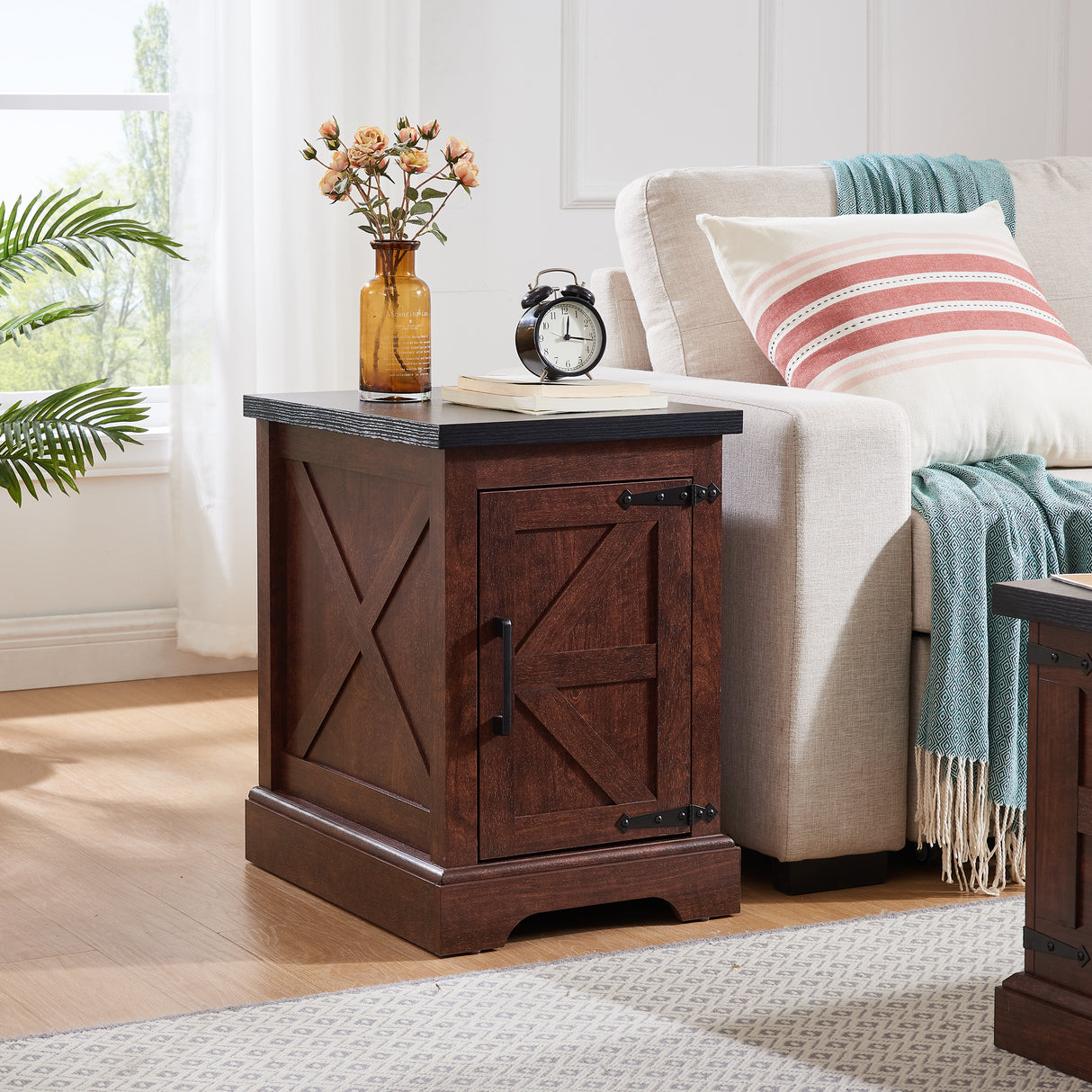 Farmhouse tea table bedside table rectangular farmhouse tea table with barn door and adjustable storage rack OAK - V.I.P Digital Presence