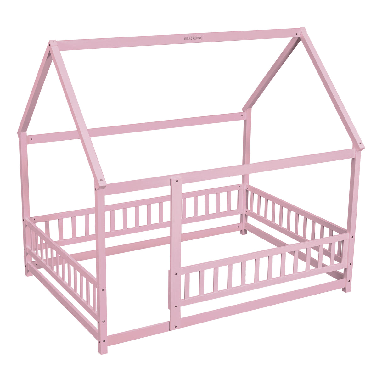 Full Size Floor Wooden Bed with House Roof Frame, Fence Guardrails ,Pink - V.I.P Digital Presence