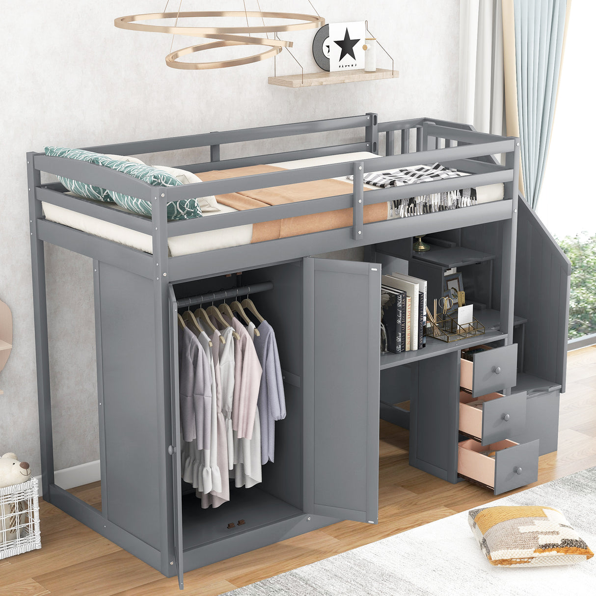 Twin Size Loft Bed with Wardrobe and Staircase Desk and Storage Drawers and Cabinet in 1 Gray