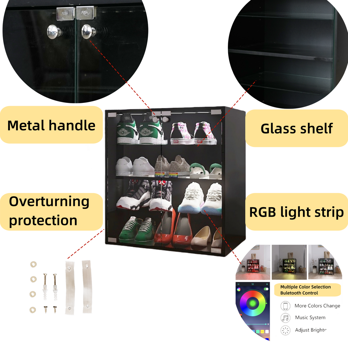 4 Layers Black Shoe Cabinet with Glass Door and Glass Layer Shoes Display Cabinet with LED light Bluetooth Control - V.I.P Digital Presence