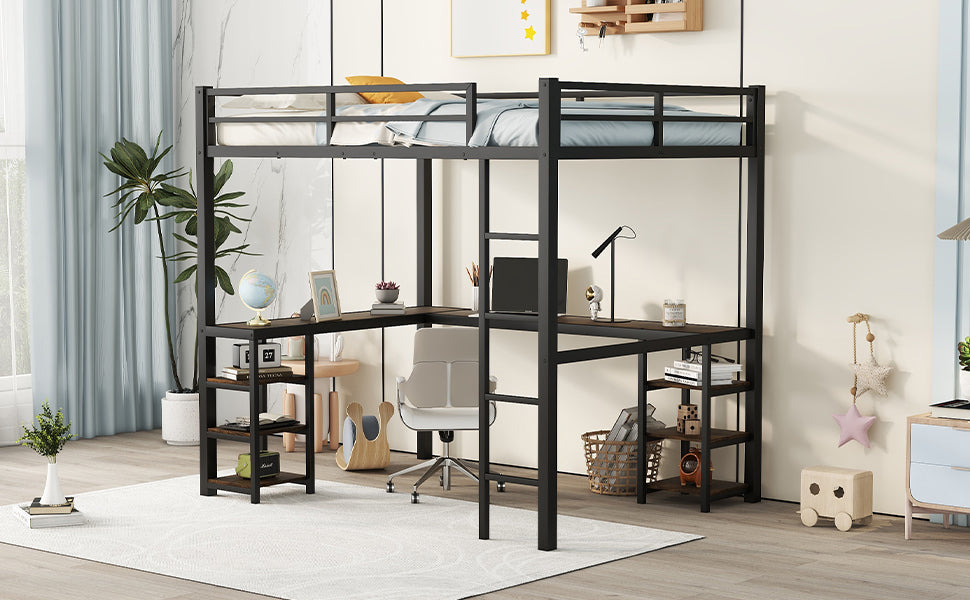 Full metal loft bed with desk and shelf, loft bed with ladder and guardrail, black with retro wood desk - V.I.P Digital Presence