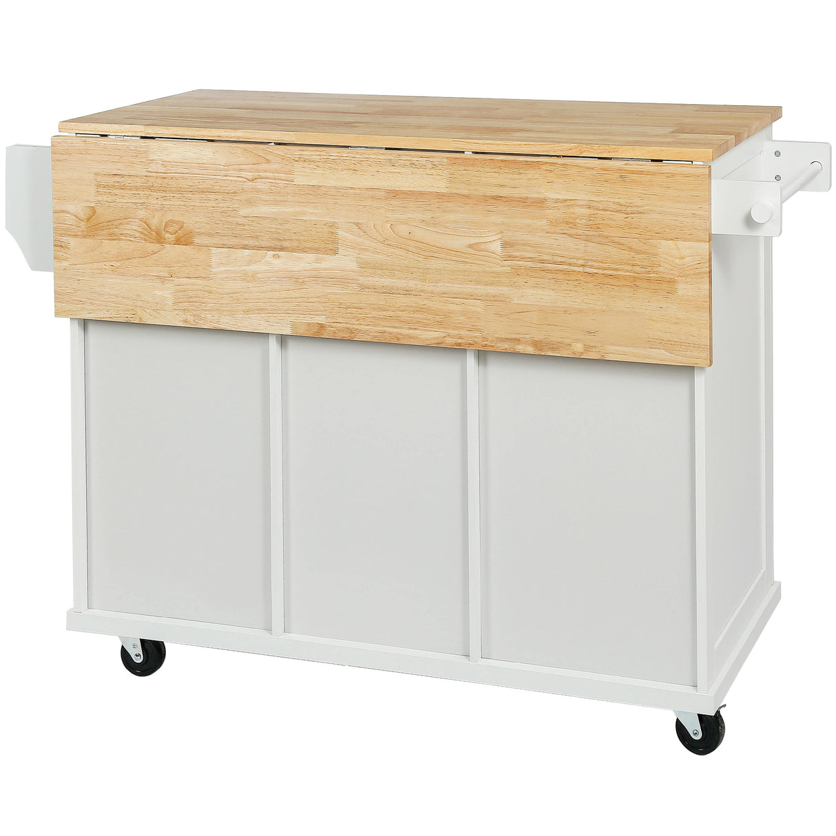 Kitchen trolley with rubber wood leaf countertop, 5-wheel kitchen island, storage cabinet and 3 dining drawers, white - V.I.P Digital Presence