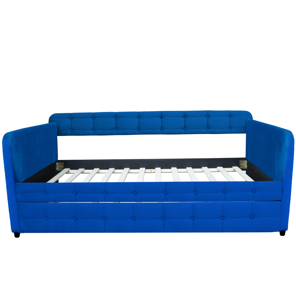 Blue padded twin beds with wheels, velvet fabric, no need for springs - V.I.P Digital Presence