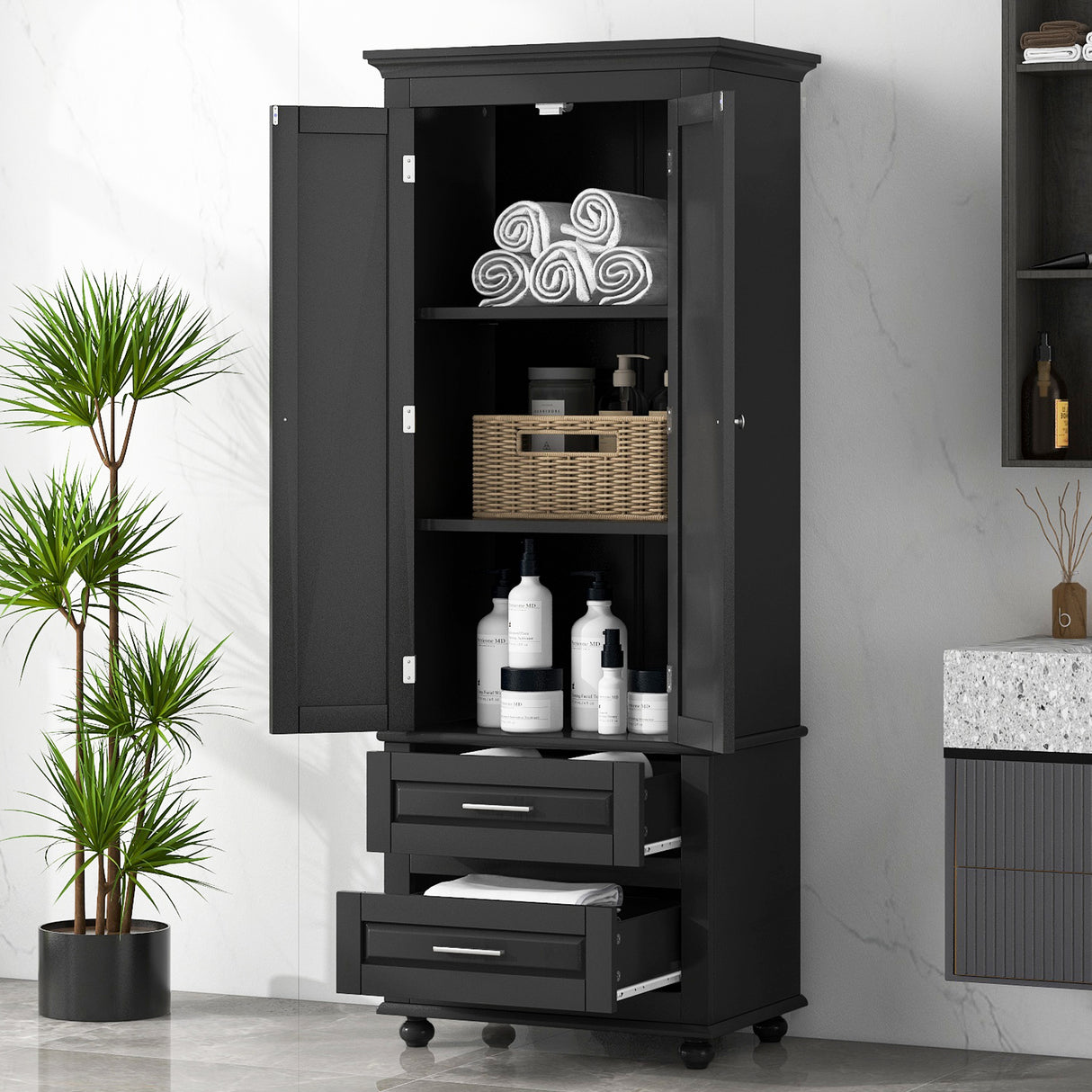 Tall Storage Cabinet with Two Drawers for Bathroom/Office, Black - V.I.P Digital Presence