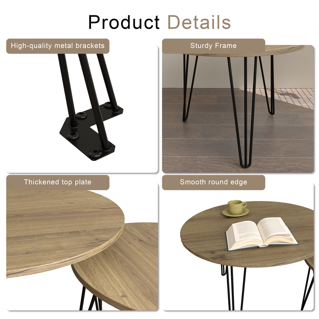 27.56'' Round Nesting Coffee Table Set of 2, Circular Nesting End Table Set Sturdy Metal Base for Living Room, bedroom, Brown - V.I.P Digital Presence