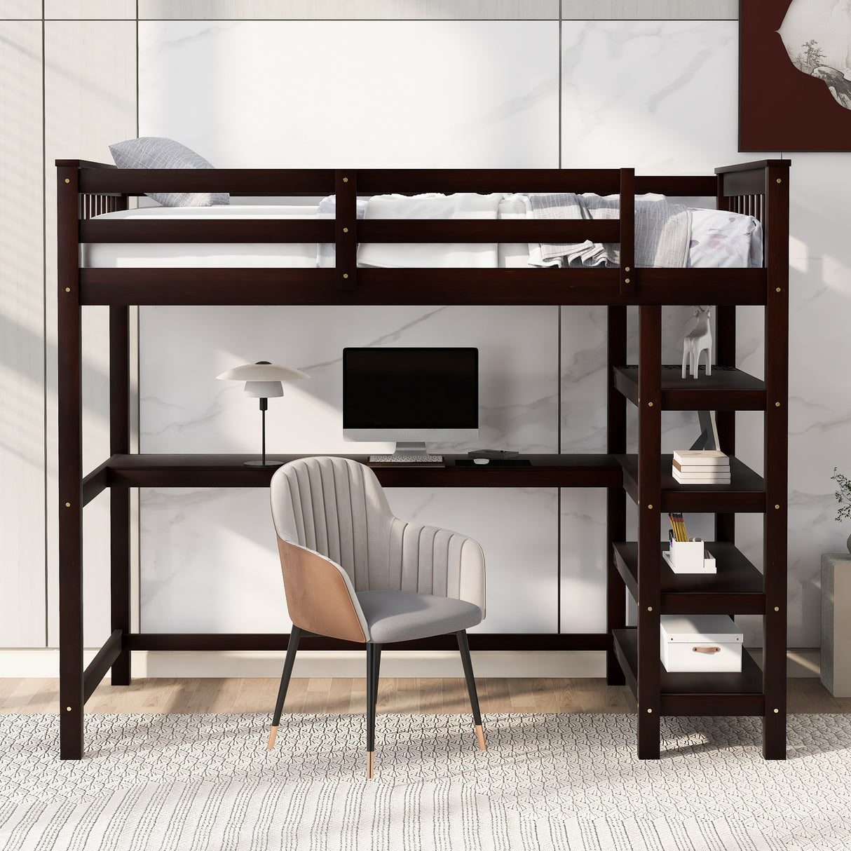 Twin Size Loft Bed with Storage Shelves and Under-bed Desk Espresso