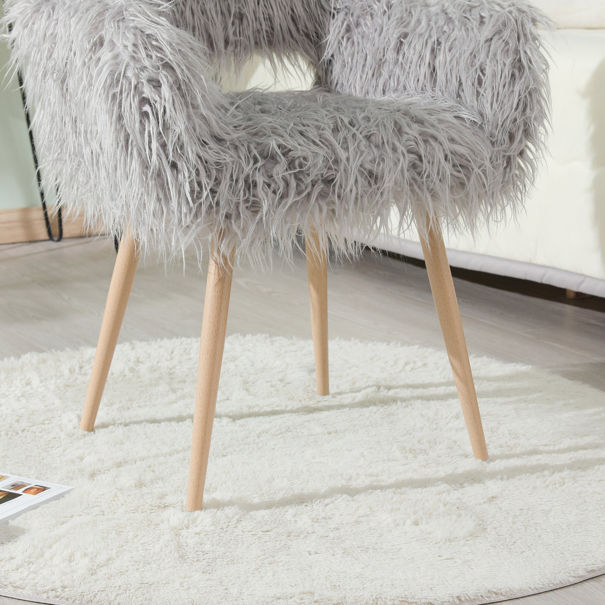 GREY Faux Fur Upholstered Make up chair Side Dining Chair with Metal Leg(GREY+Beech Metal Leg)
