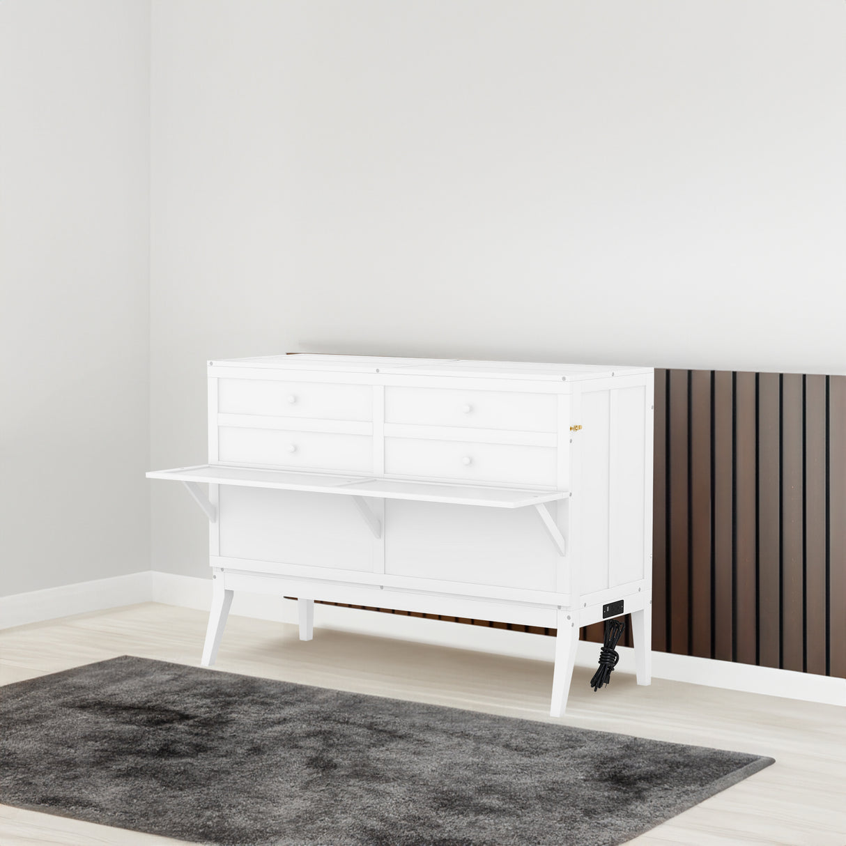 Queen Size Murphy Bed with Built-In Charging Station and a Shelf White