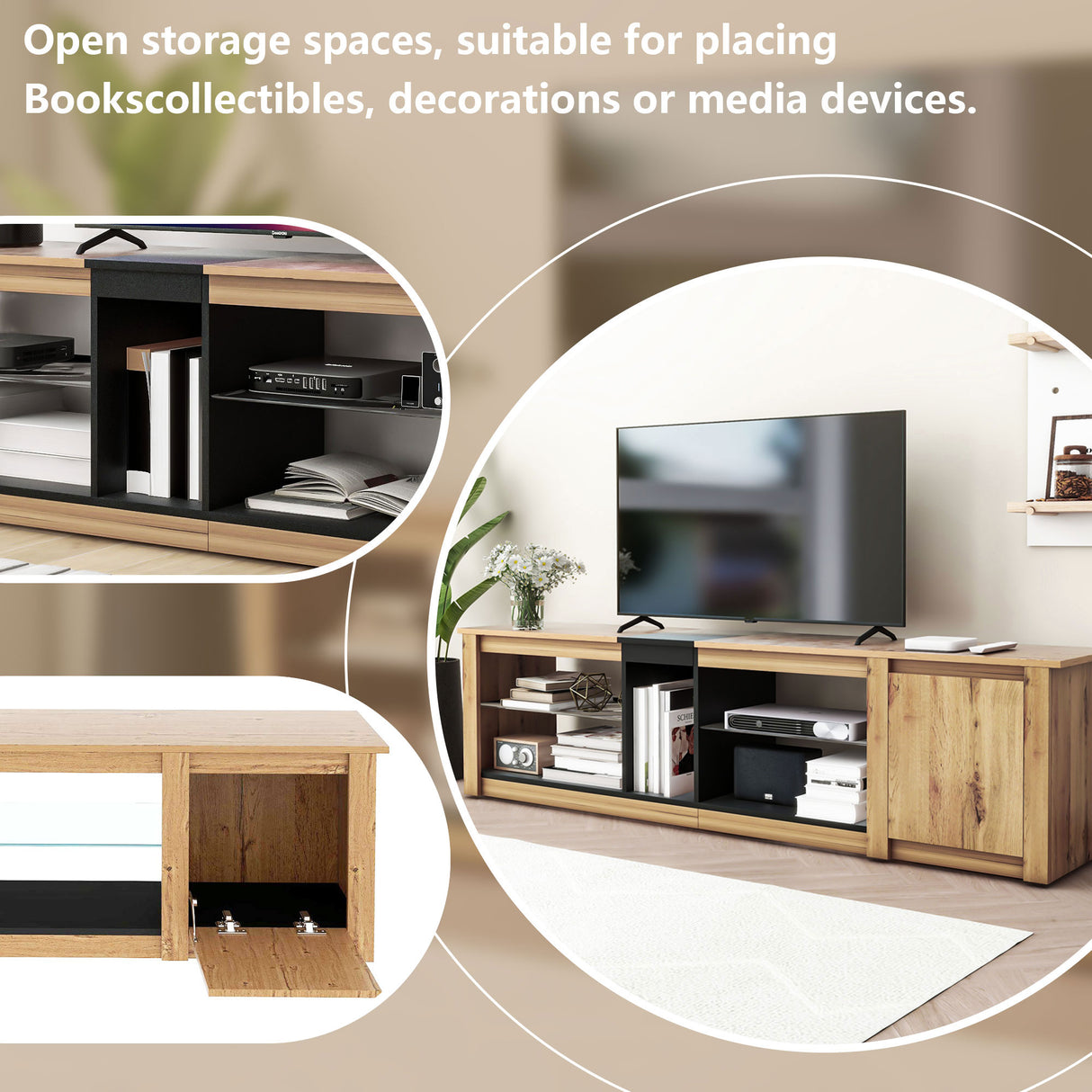 ModernTV stand suitable for TVs under 80 inches, media console with multifunctional storage, and LED lights - V.I.P Digital Presence