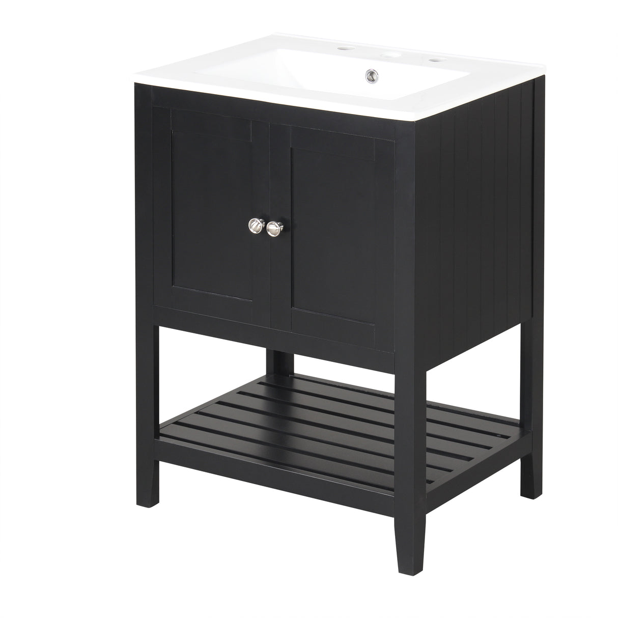 24" Black Modern Sleek Bathroom Vanity Elegant Ceramic Sink with Solid Wood Frame Open Style Shelf - V.I.P Digital Presence