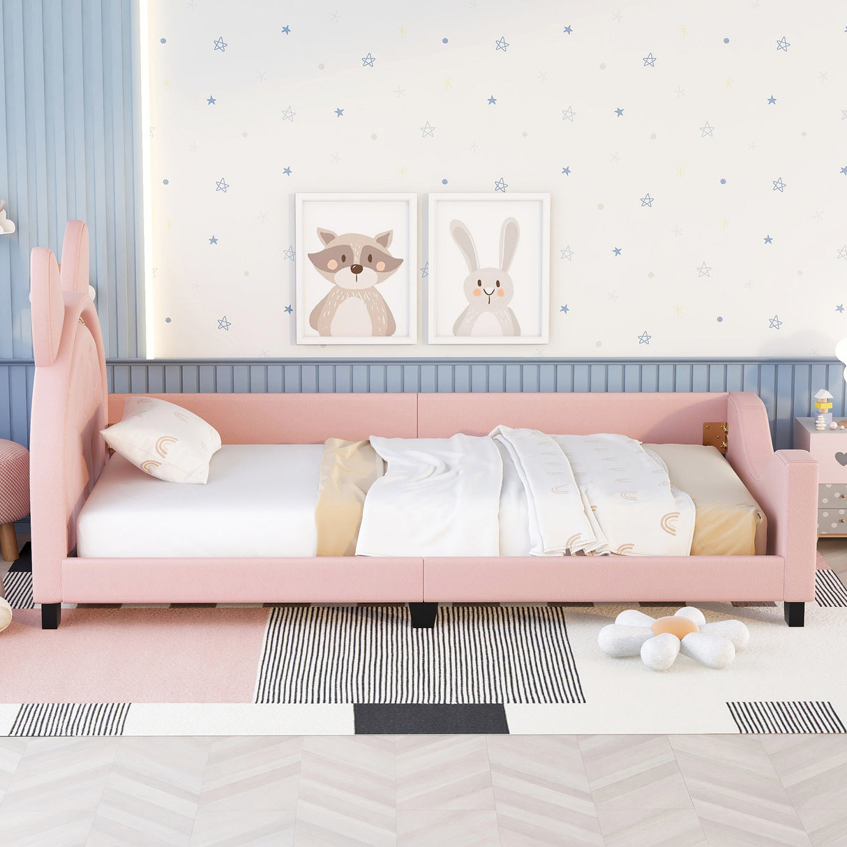 Twin Size Upholstered Daybed with Carton Ears Shaped Headboard Pink
