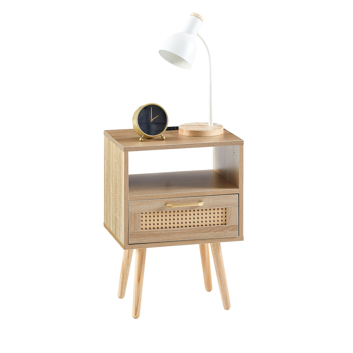 15.75" Rattan End table with Power Outlet & USB Ports Modern nightstand with drawer and solid wood legs - V.I.P Digital Presence