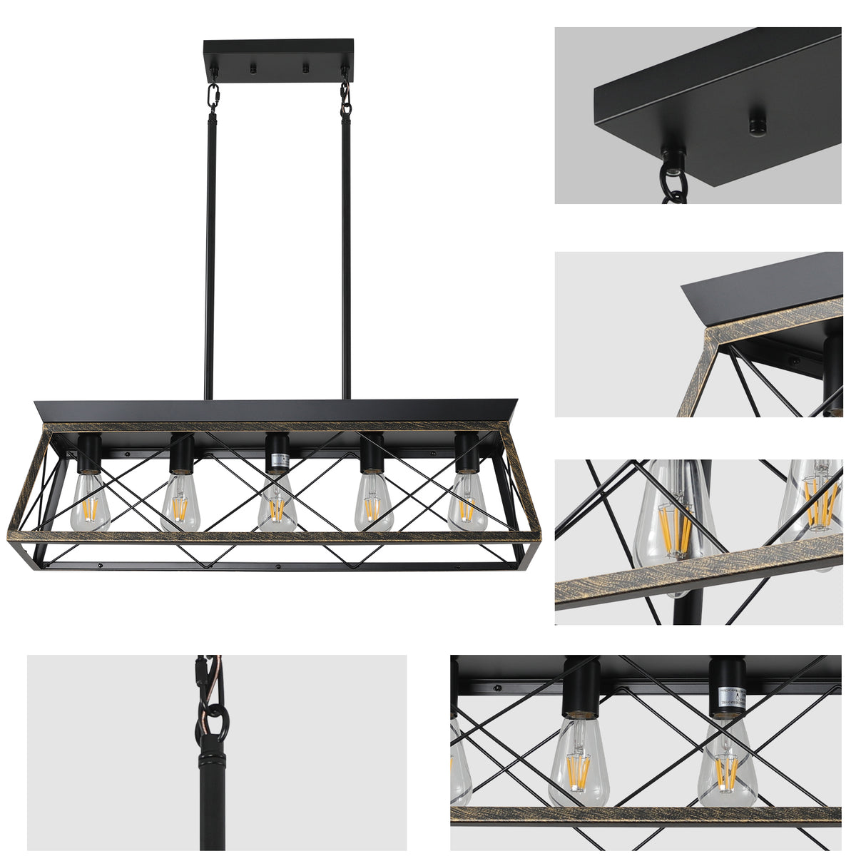 5-Light Farmhouse Chandeliers for Dining Room Metal Rustic Pendant Island Light Modern Rectangular Island Lights (No Bulbs)