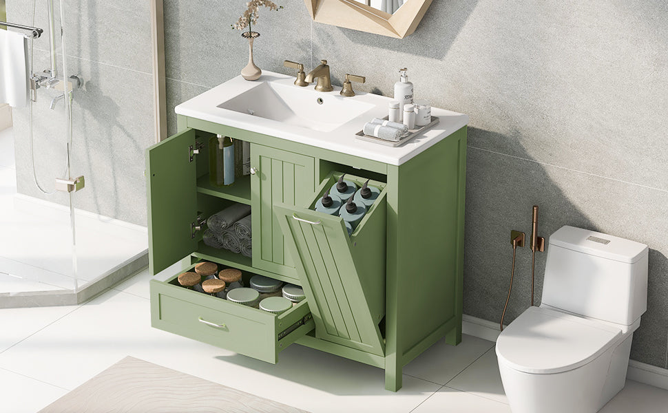 36 inch bathroom vanity with sink, one double door cabinet one large drawer and one flip drawer solid wood and MDF board, green - V.I.P Digital Presence