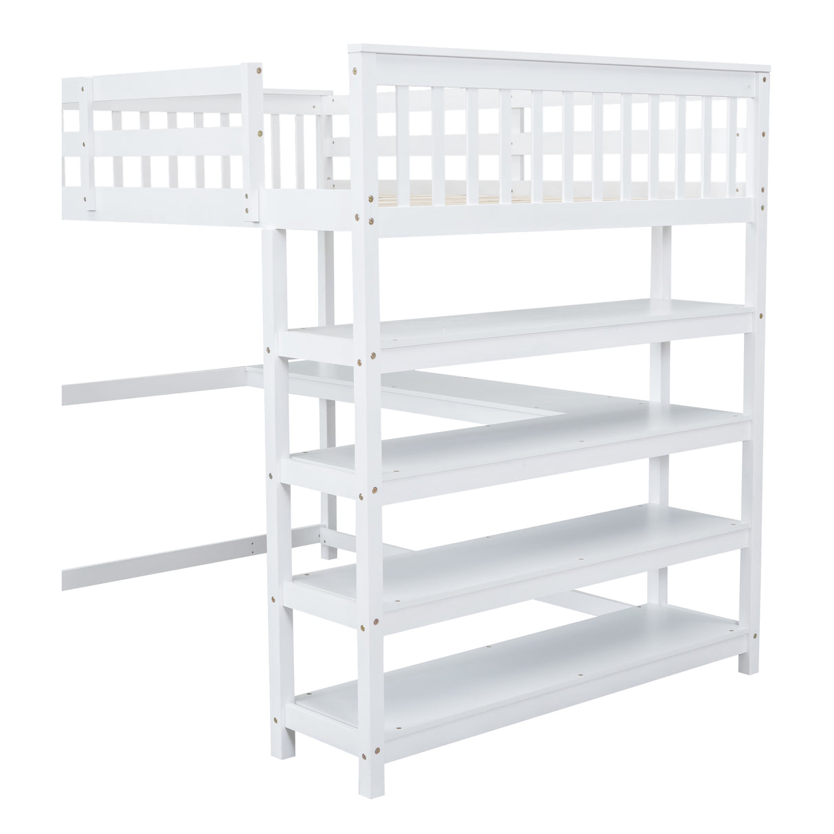 Full Size Loft Bed with Storage Shelves and Under-bed Desk White