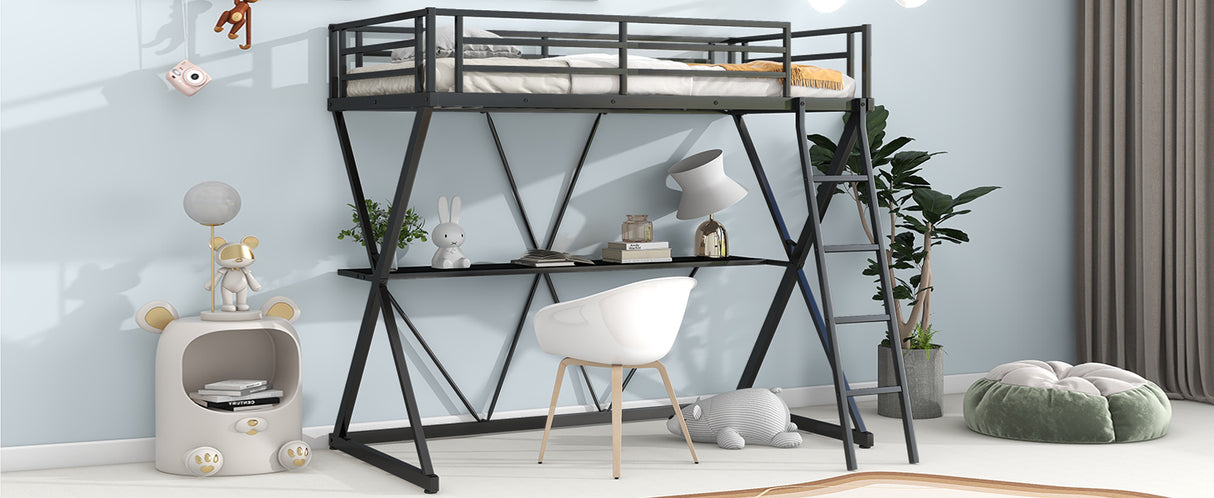 Twin Size Loft Bed with Desk Ladder and Full-Length Guardrails X-Shaped Frame Black