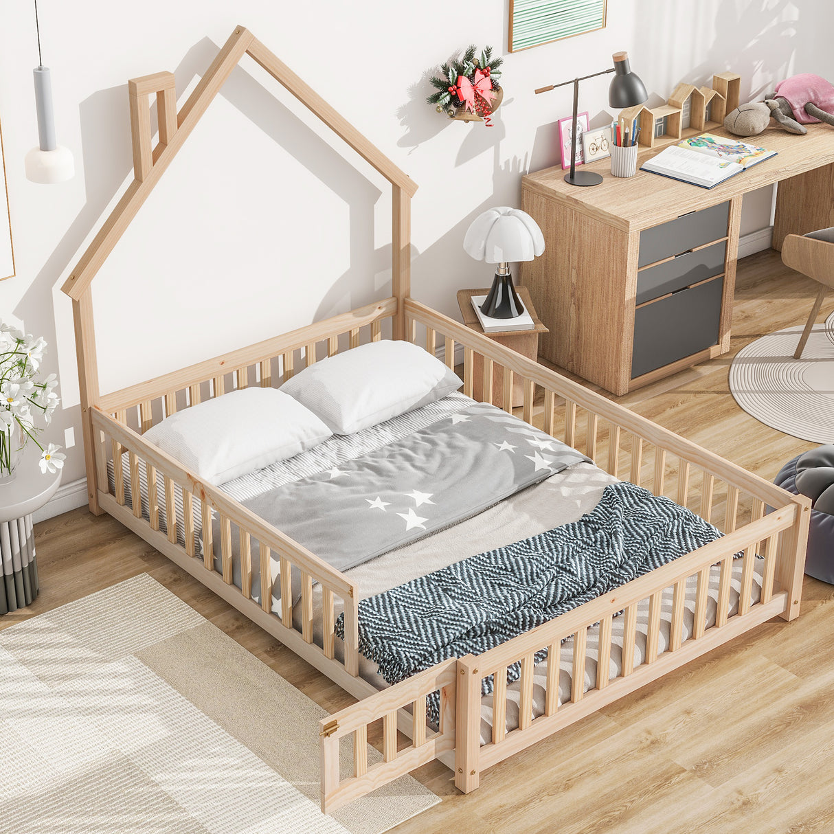 Full House-Shaped Headboard Floor Bed with Fence Natural - V.I.P Digital Presence