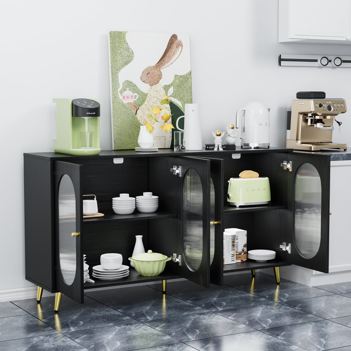 Modern Accent Sideboard Cabinet with Acrylic Doors, Freestanding Storage Cupboard Console Table for Kitchen Dining Black - V.I.P Digital Presence