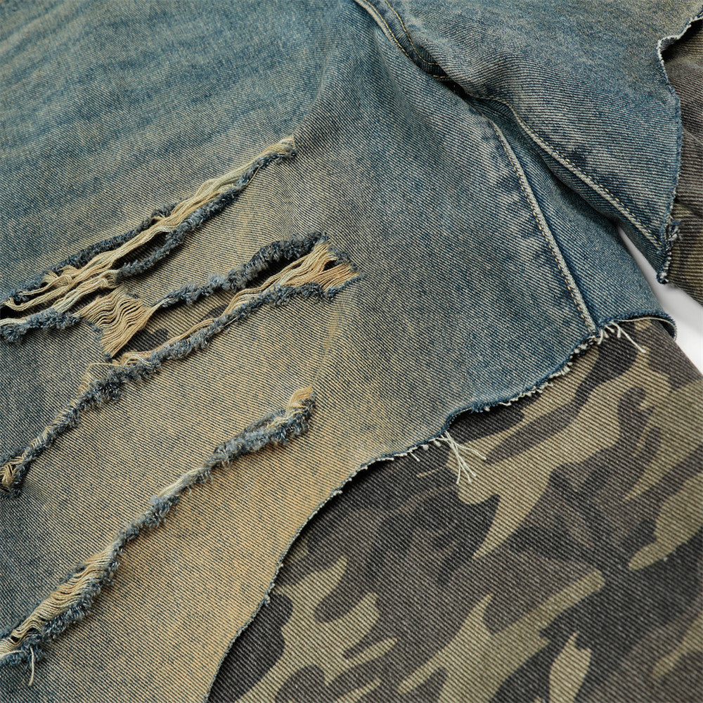 Post-Apocalyptic Style Distressed Patchwork Camouflage Seven-Quarter Denim Pants Men's Summer Fake Two-Piece Washed Frayed Hem Shorts - V.I.P Digital Presence