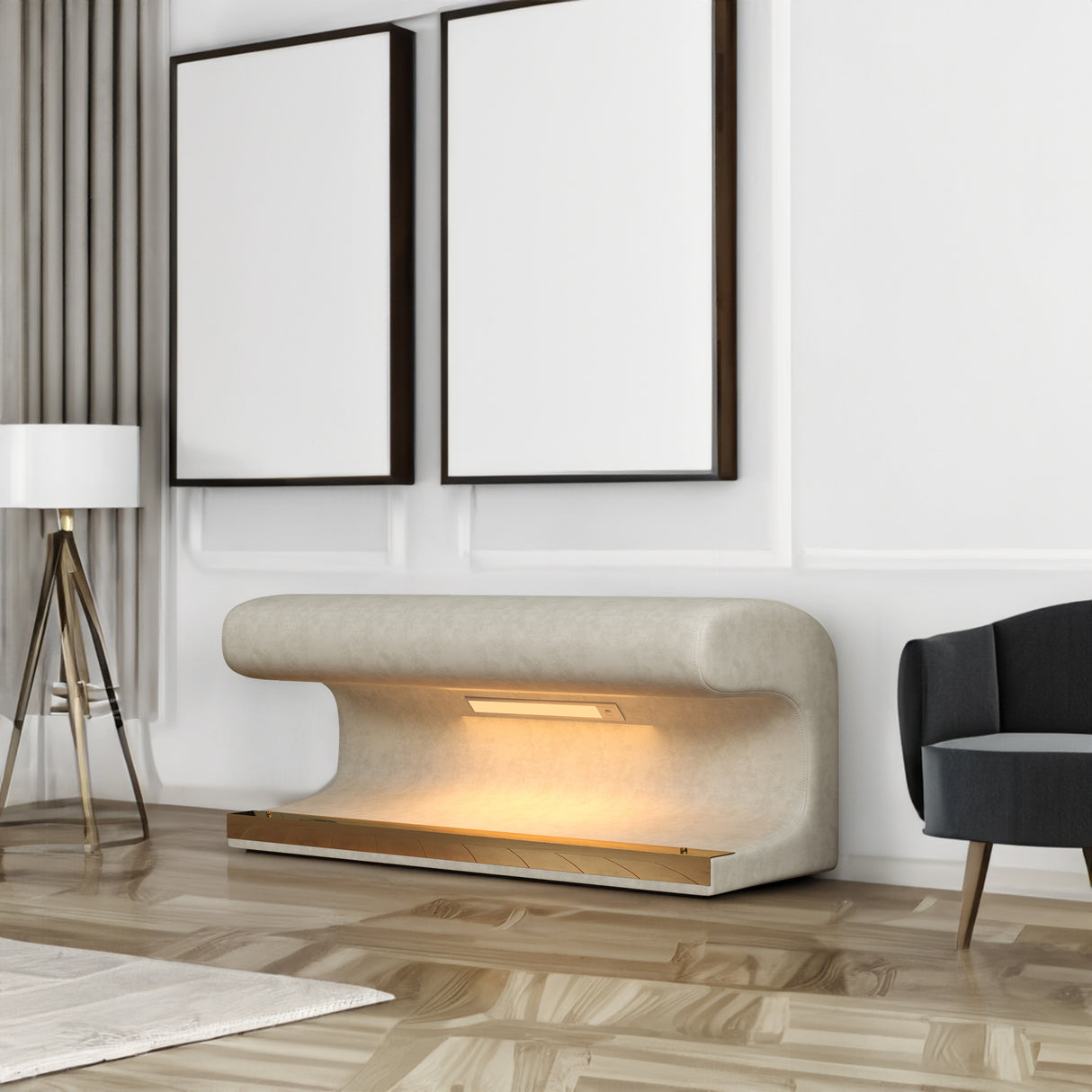 Entryway Bench Leather Upholstered Ottoman with LED sensor light for living room ,bedroom,end of bed ,Beige - V.I.P Digital Presence