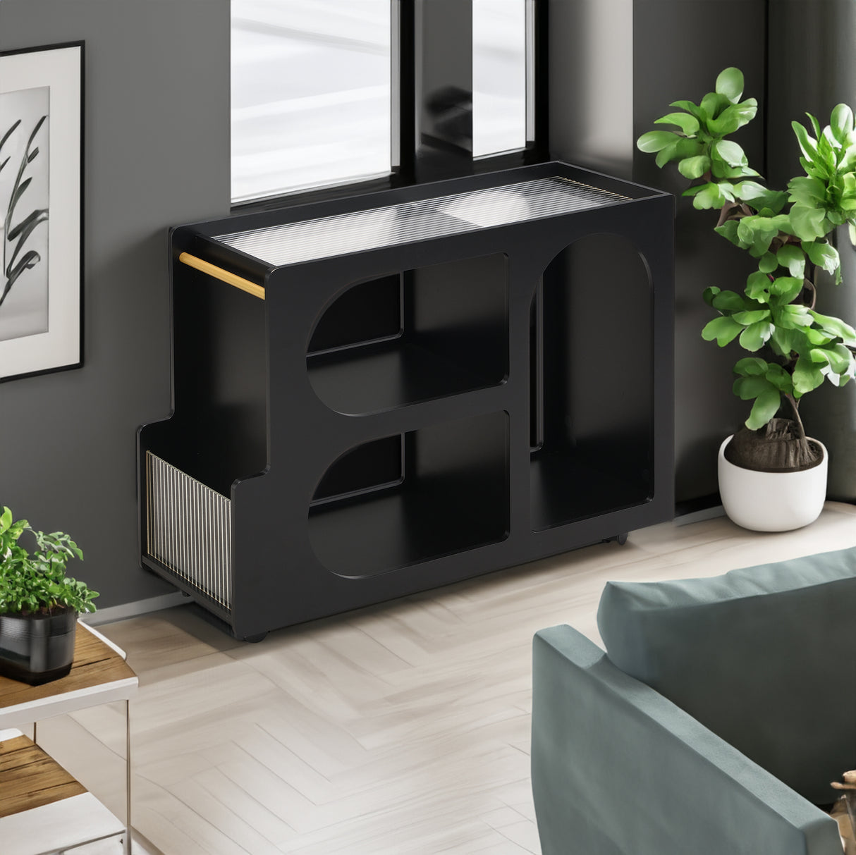 Stylish mobile desk with lockable wheels,bedside table with 5mm thick grooved tempered glass and gold round bars ,black - V.I.P Digital Presence