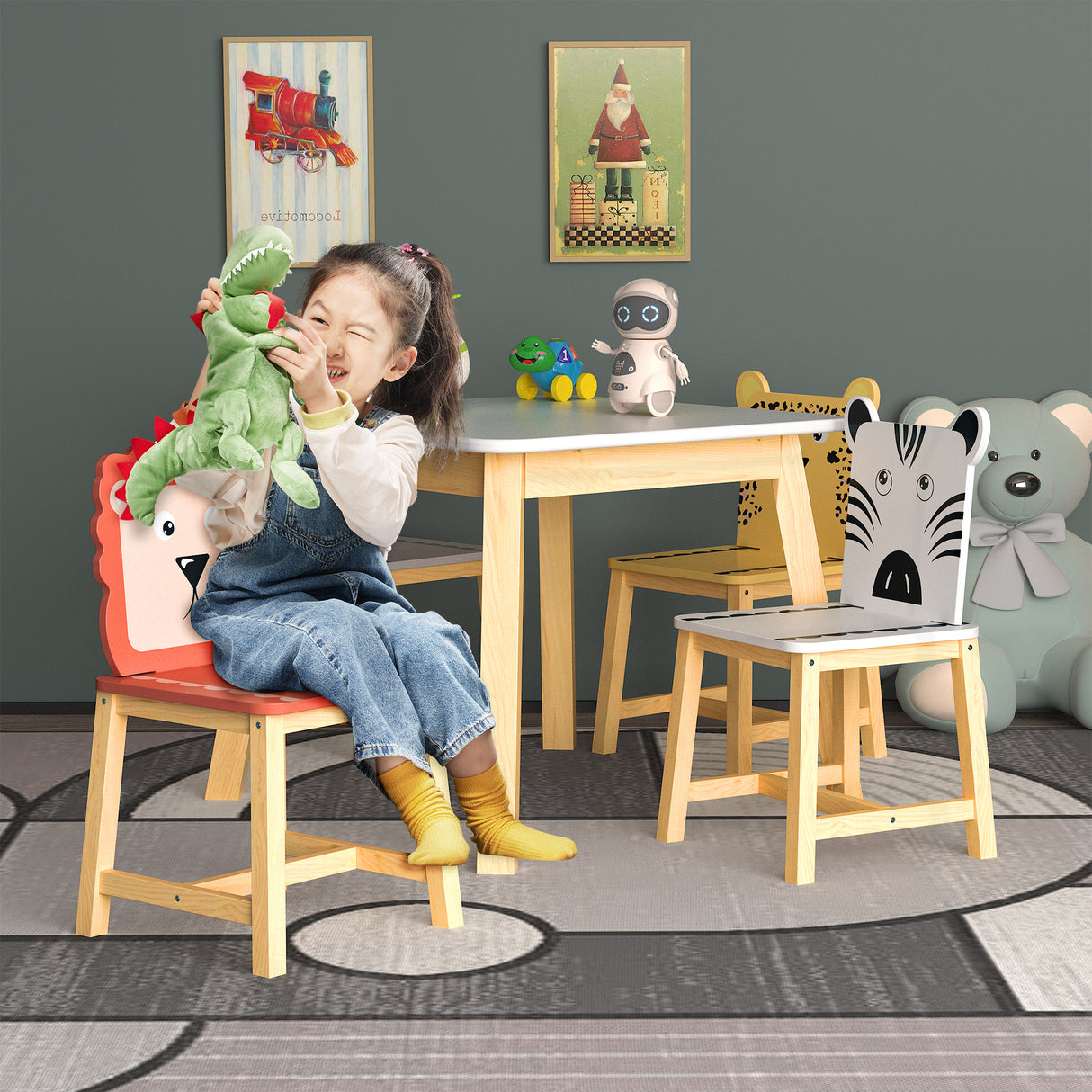 5 Piece Kiddy Table and Chair Set Kids Wood Table with 4 Chairs Set Cartoon Animals (bigger table) (3-8 years old) - V.I.P Digital Presence