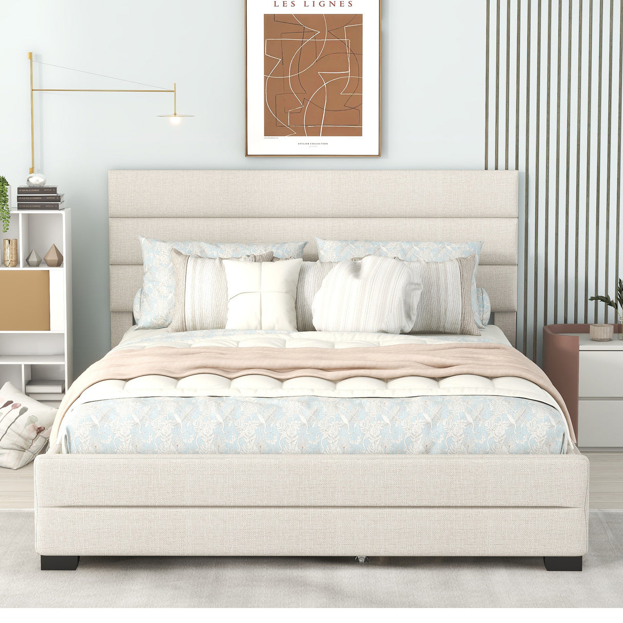 Queen Upholstered Platform Bed with Twin Size Trundle and Two Drawers Beige