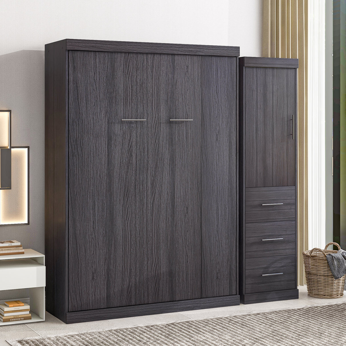 Full Size Murphy Bed with Wardrobe and Drawers, Storage Bed, can be Folded into a Cabinet, Gray - V.I.P Digital Presence