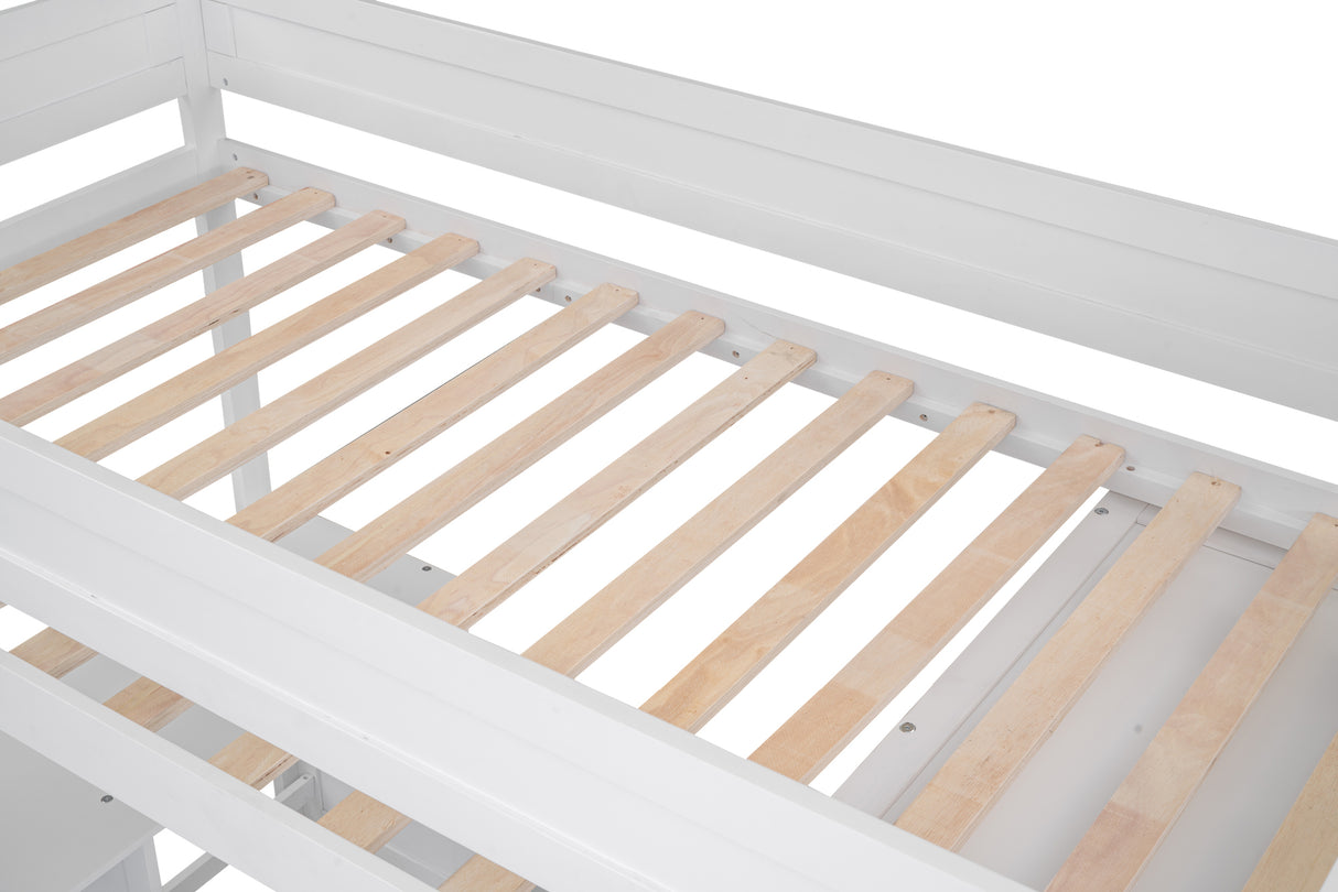 Wood Twin Size Loft Bed with Wardrobes and 2-Drawer Desk with Cabinet White