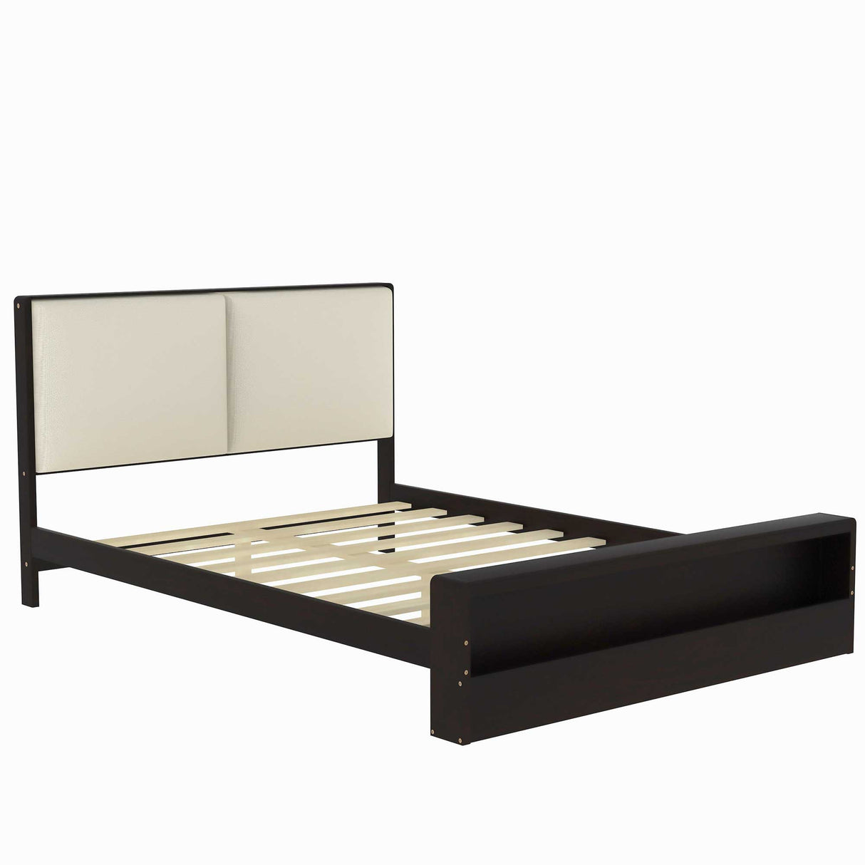 Queen Size Platform Bed Frame with Upholstery Headboard and Bookshelf in Footboard and LED Light Strips, Espresso - V.I.P Digital Presence