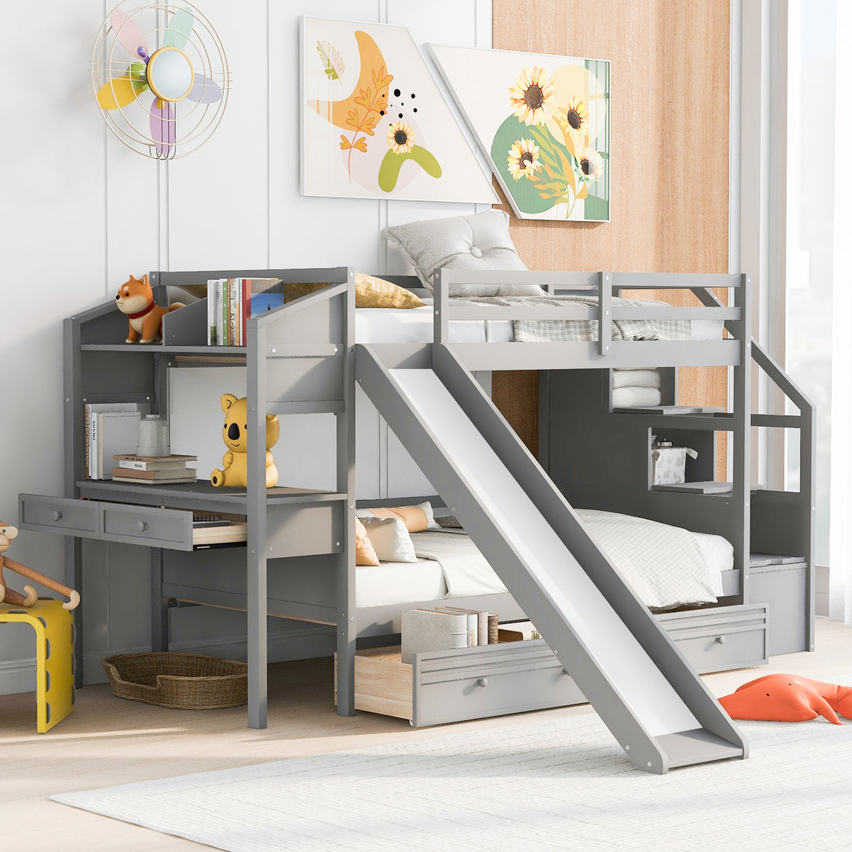 Twin over Twin Bunk Bed with Storage Staircase, Slide and Drawers, Desk with Drawers and Shelves Gray