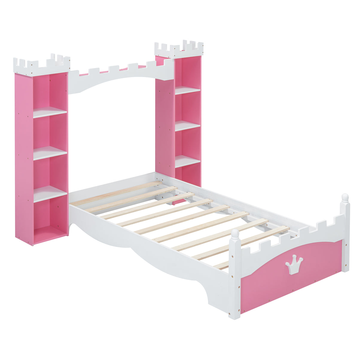 Castle-Shaped Wooden Bed with Storage Shelf, Dreamy Twin Size Platform Bed for Kids Bedroom, Pink+ White - V.I.P Digital Presence