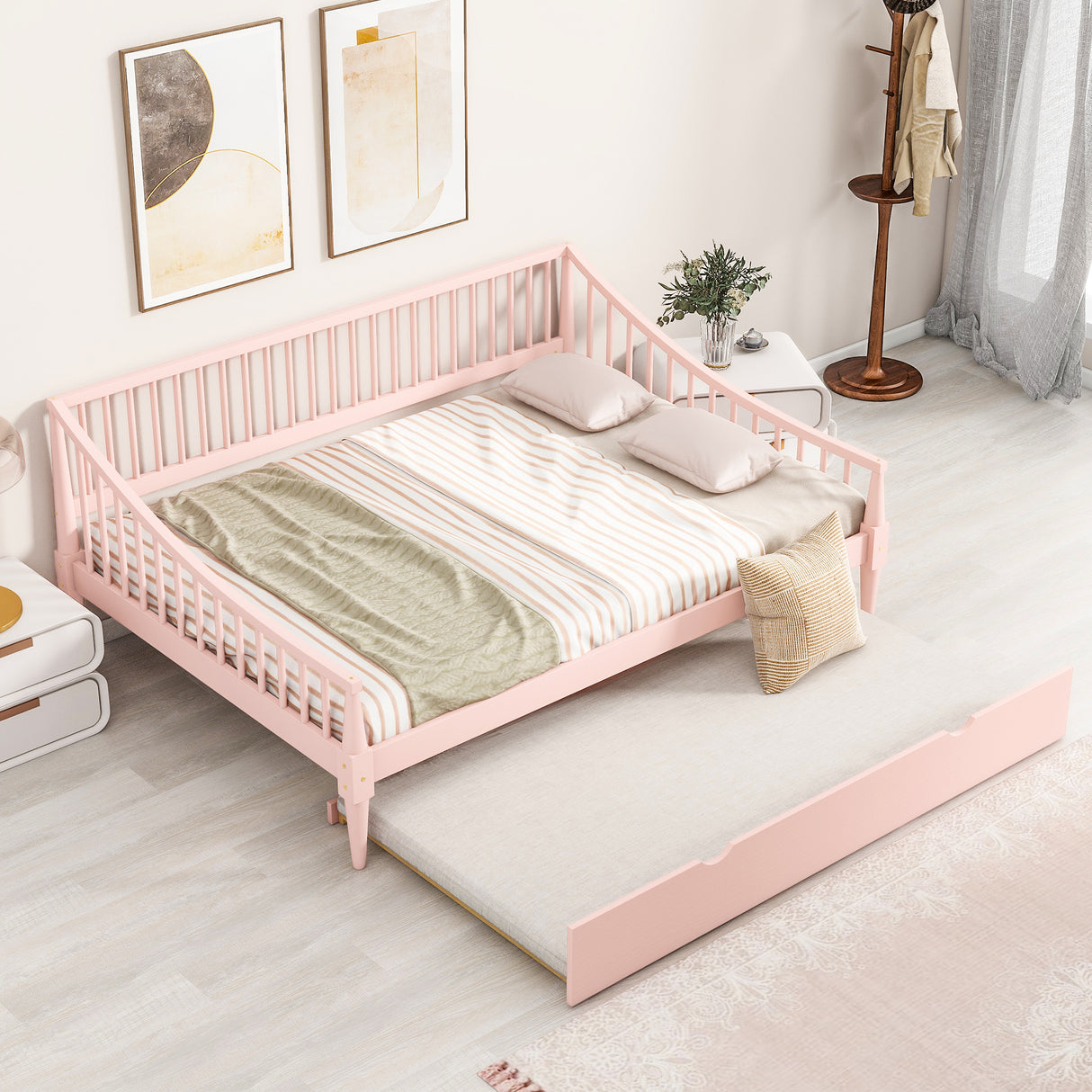 Full Size Daybed with Trundle and Support Legs Pink