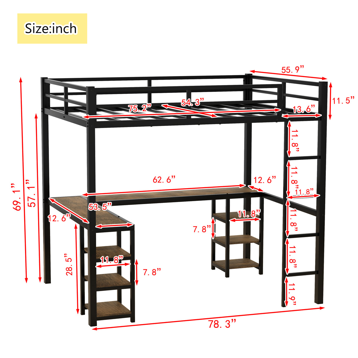 Full metal loft bed with desk and shelf, loft bed with ladder and guardrail, black with retro wood desk - V.I.P Digital Presence