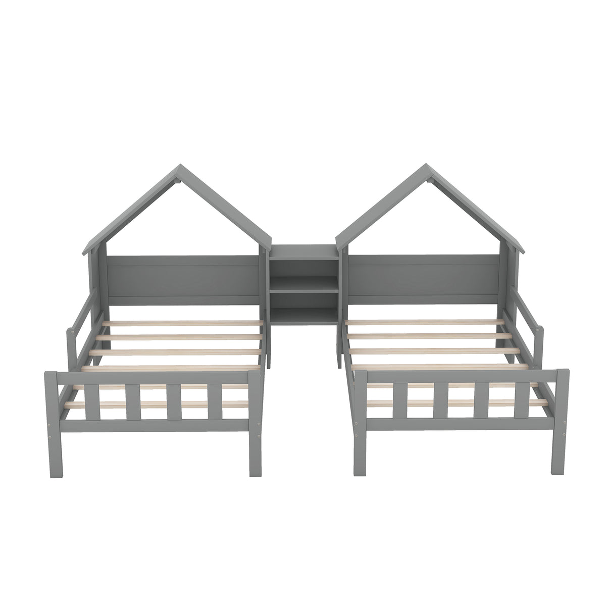 Double Twin Size Platform Bed with House-shaped Headboard and a Built-in Nightstand Grey