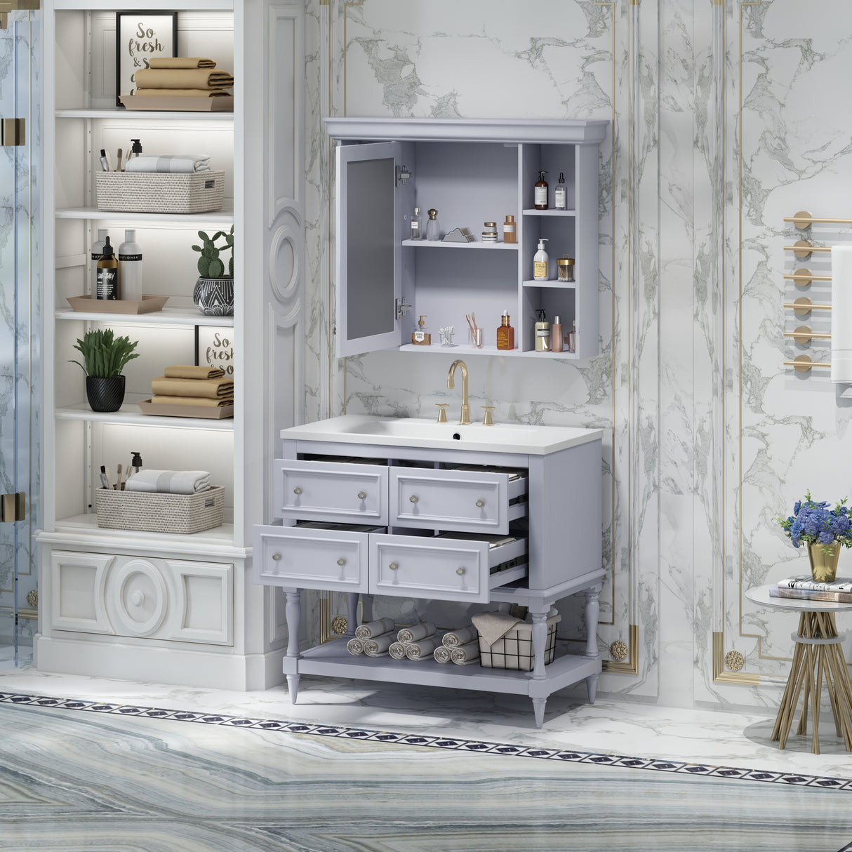 36'' Bathroom Vanity with Medicine Cabinet, Modern Mirror Cabinet with Adjustable Shelf, Bathroom Storage Cabinet with 4 Drawers - V.I.P Digital Presence