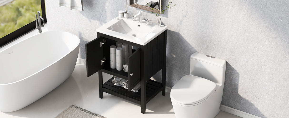 24" Black Modern Sleek Bathroom Vanity Elegant Ceramic Sink with Solid Wood Frame Open Style Shelf - V.I.P Digital Presence