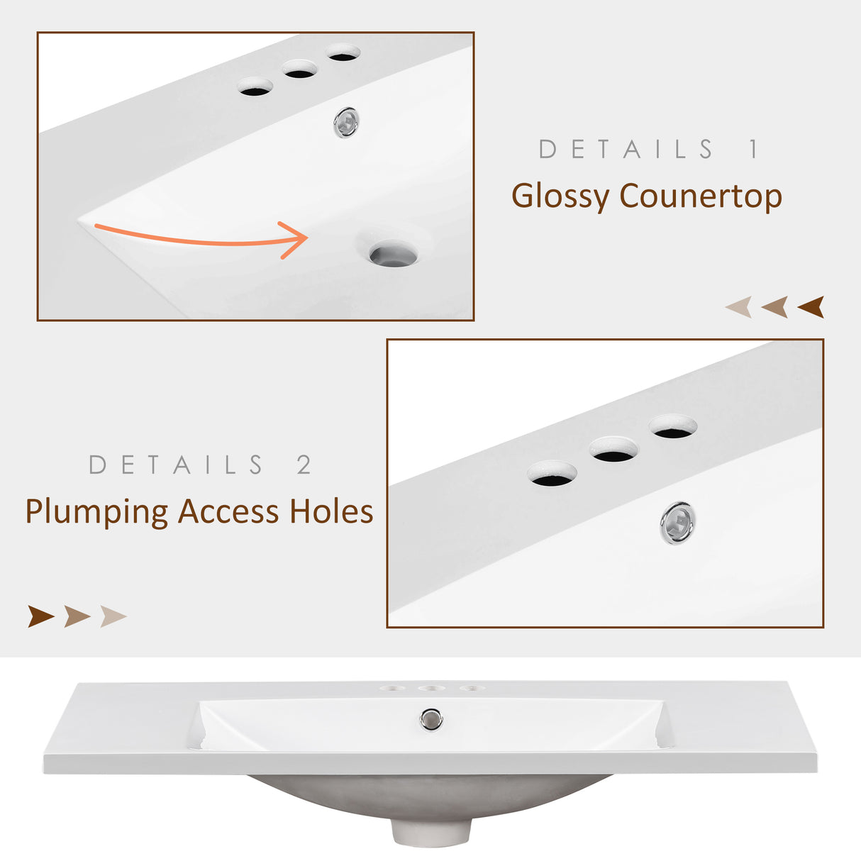 36" Single Bathroom Basin Sink, Vanity Top Only, 3-Faucet Holes, Resin - V.I.P Digital Presence