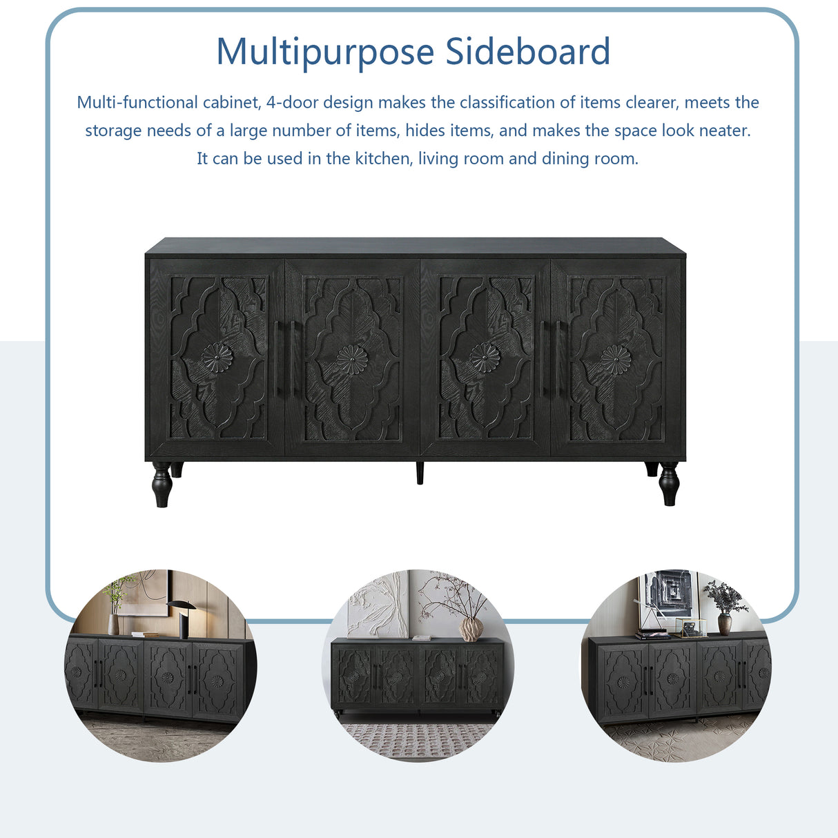 Carved Flower Door Large Storage Cabinet With Metal Handle Suitable For Living Room, Kitchen, Entryway(BLACK) - V.I.P Digital Presence