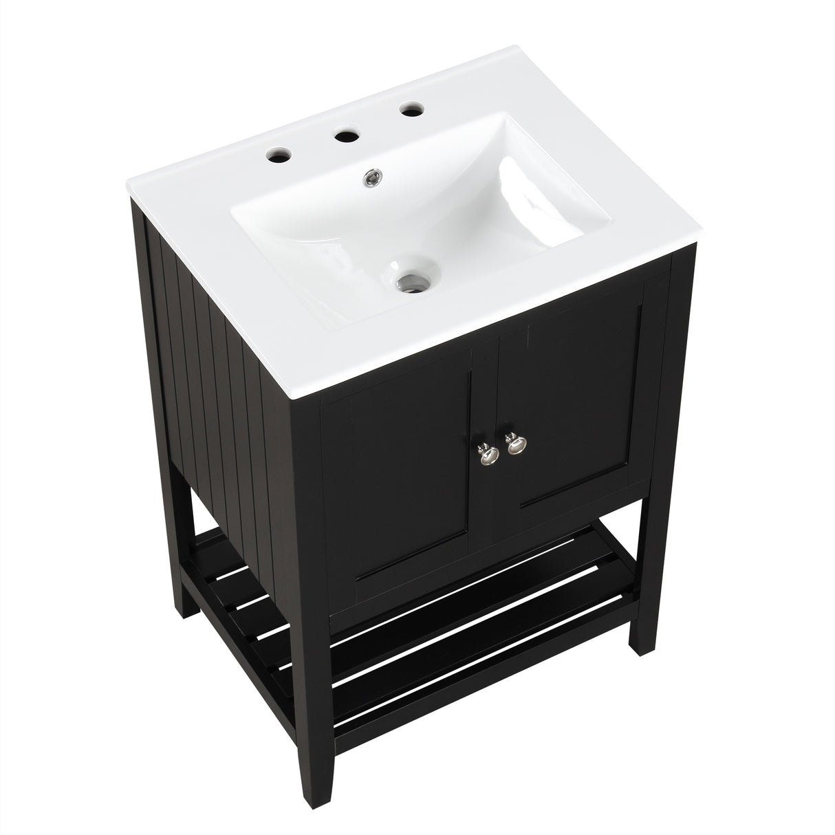 24" Black Modern Sleek Bathroom Vanity Elegant Ceramic Sink with Solid Wood Frame Open Style Shelf - V.I.P Digital Presence
