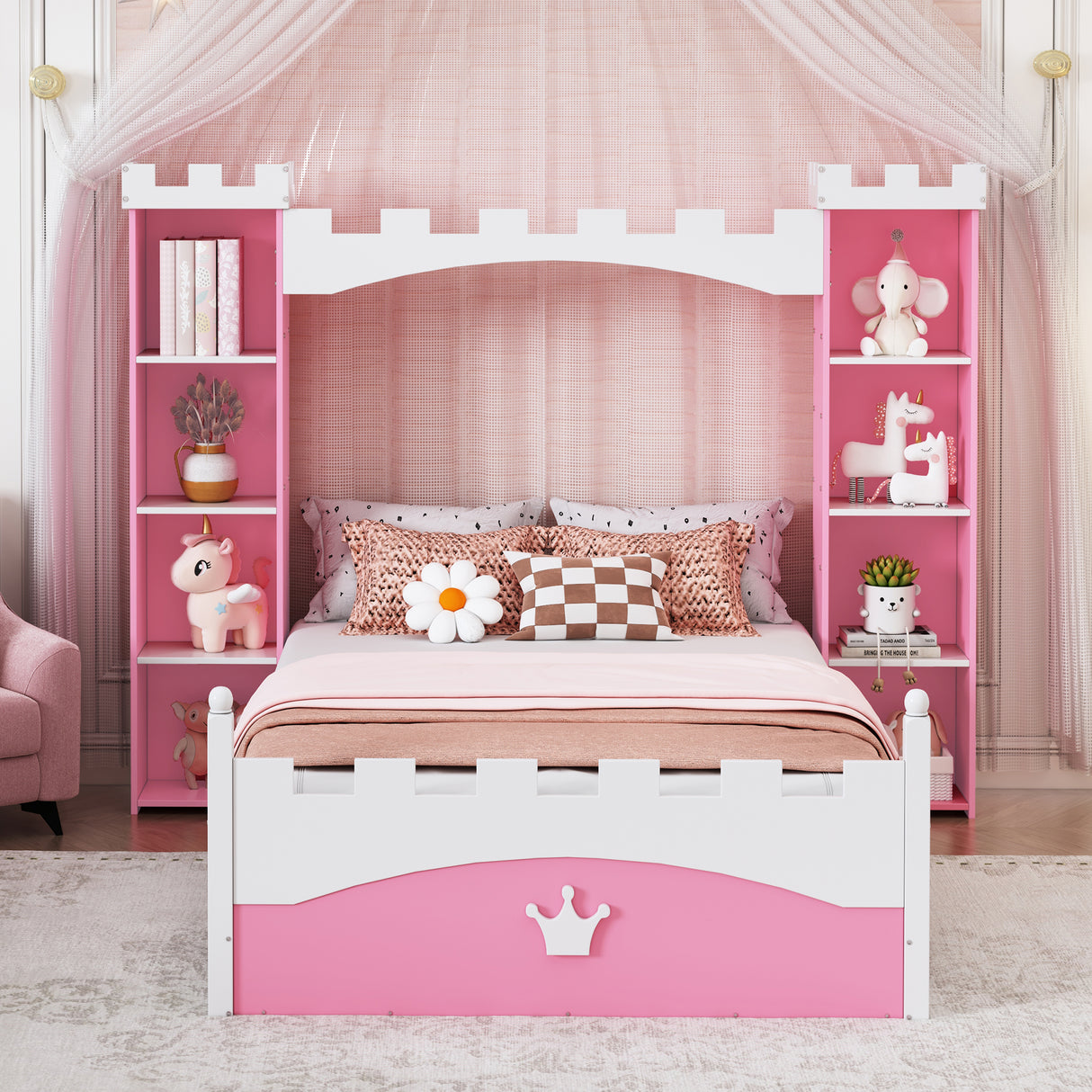 Castle-Shaped Wooden Bed with Storage Shelf, Dreamy Twin Size Platform Bed for Kids Bedroom, Pink+ White - V.I.P Digital Presence
