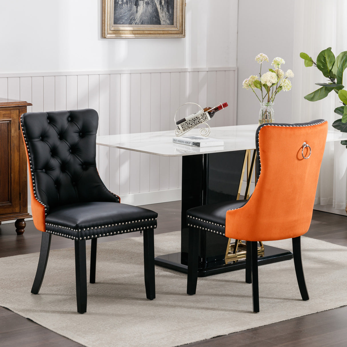 Tufted Solid Wood Contemporary PU and Velvet Upholstered Dining Chair with Wood Legs Nailhead Trim 2-Pcs Set Black+Orange