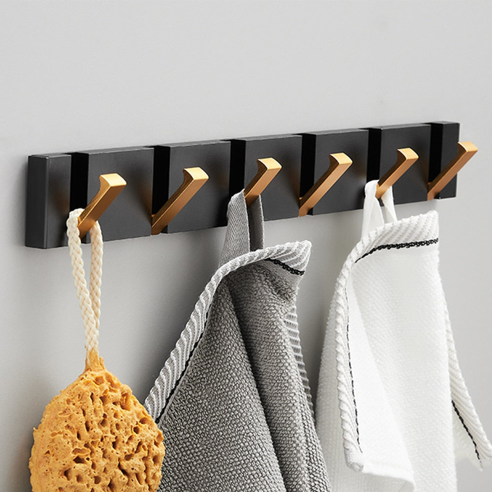 Folding Towel Hanger 2ways Installation Wall Hooks Coat Clothes Holder for Bathroom Kitchen Bedroom Hallway, Black Gold - V.I.P Digital Presence