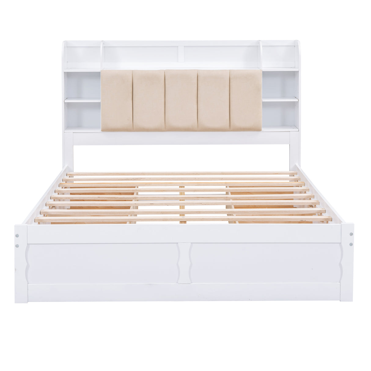 Wood Queen Size Platform Bed with Storage Headboard Shelves and 4 Drawers White